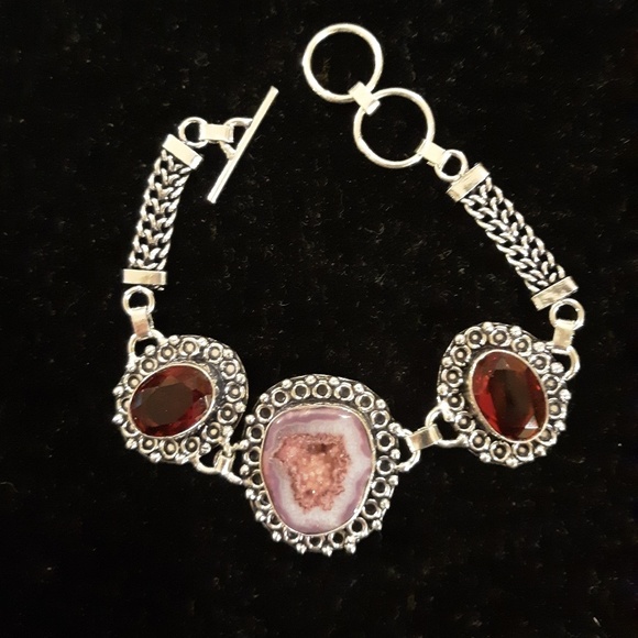 New Agate Druzy and Garnet 925 Silver Bracelet. - Picture 2 of 8